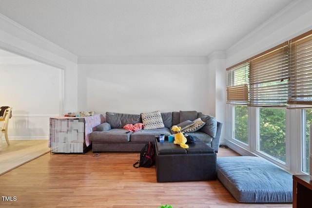 living area with crown molding, baseboards, and wood finished floors