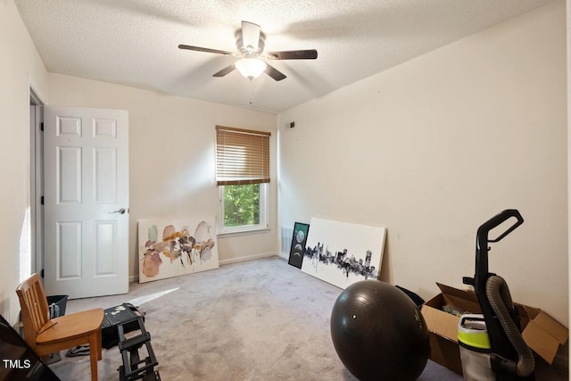 workout room with visible vents, a ceiling fan, carpet, and a textured ceiling