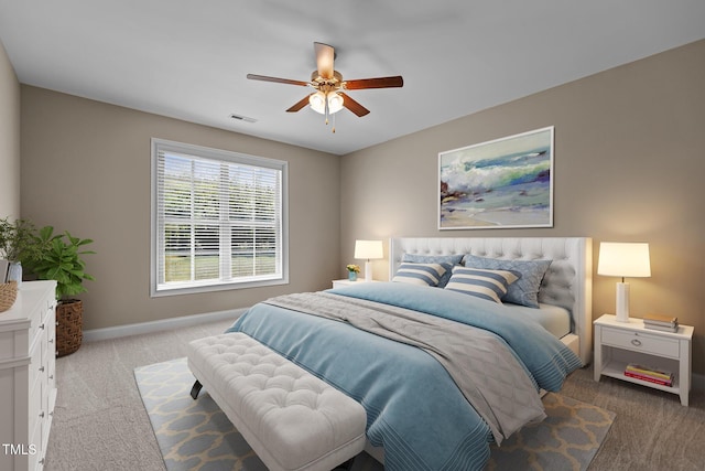 bedroom with visible vents, carpet, ceiling fan, and baseboards