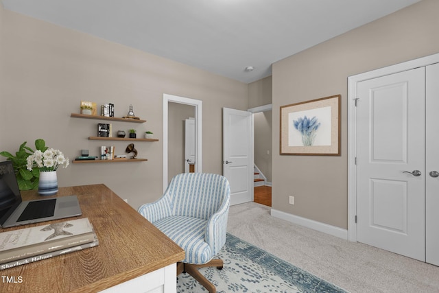 office featuring baseboards and carpet