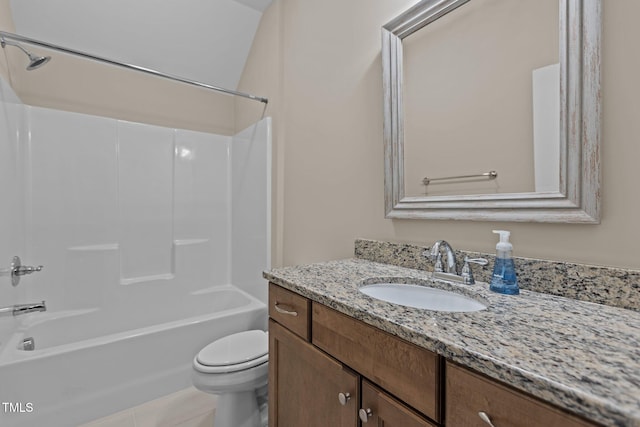 full bath featuring toilet, shower / washtub combination, tile patterned flooring, and vanity