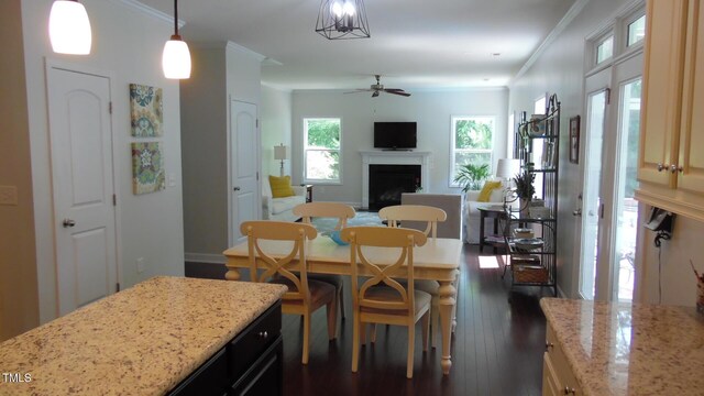 106 N Duelling Oaks Dr, Chapel Hill, NC 27517 - dining space featuring dark wood-type flooring, a fireplace, crown molding, and a ceiling fan
