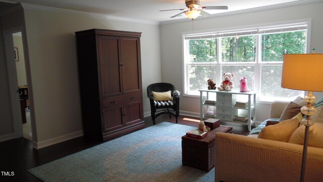 106 N Duelling Oaks Dr, Chapel Hill, NC 27517 - living area featuring a ceiling fan, baseboards, healthy amount of natural light, and crown molding