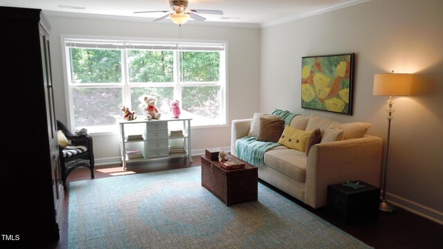 106 N Duelling Oaks Dr, Chapel Hill, NC 27517 - living room featuring ceiling fan, baseboards, ornamental molding, and wood finished floors