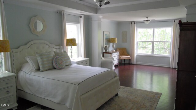 106 N Duelling Oaks Dr, Chapel Hill, NC 27517 - bedroom featuring dark wood-style flooring, multiple windows, ornamental molding, baseboards, and ornate columns