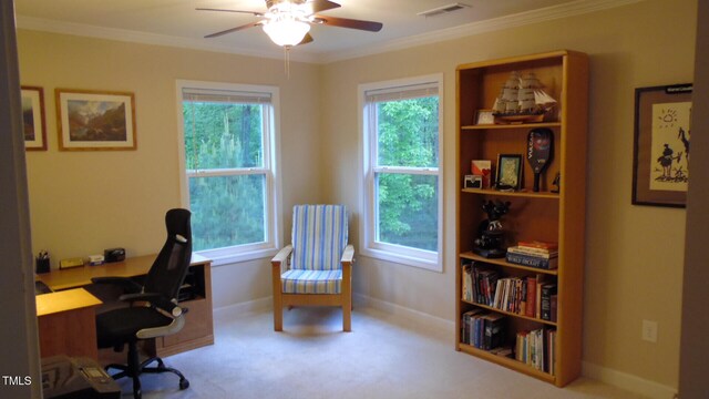 106 N Duelling Oaks Dr, Chapel Hill, NC 27517 - carpeted office with a ceiling fan, crown molding, and baseboards
