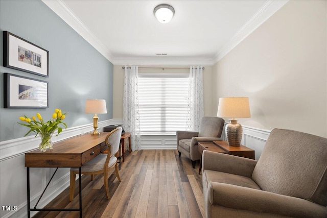 1533 Santa Lucia St, Wake Forest, NC 27587 - sitting room with crown molding, wood-type flooring, and a wainscoted wall