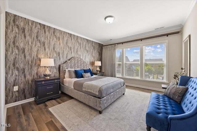1533 Santa Lucia St, Wake Forest, NC 27587 - bedroom with an accent wall, baseboards, dark wood-style floors, wallpapered walls, and crown molding