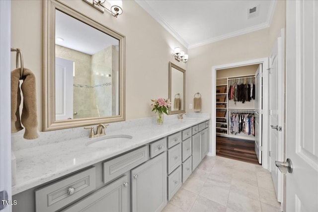 1533 Santa Lucia St, Wake Forest, NC 27587 - full bath with crown molding, double vanity, a walk in closet, and tiled shower