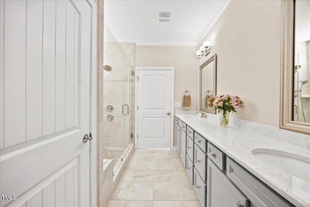 1533 Santa Lucia St, Wake Forest, NC 27587 - full bathroom with double vanity, ornamental molding, and a shower stall