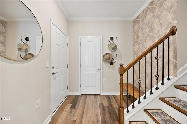 1533 Santa Lucia St, Wake Forest, NC 27587 - foyer with wood finished floors, crown molding, baseboards, and stairway