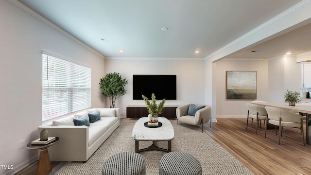 1314 Rosepine Dr, Cary, NC 27519 - living area with light wood-type flooring, baseboards, recessed lighting, and ornamental molding