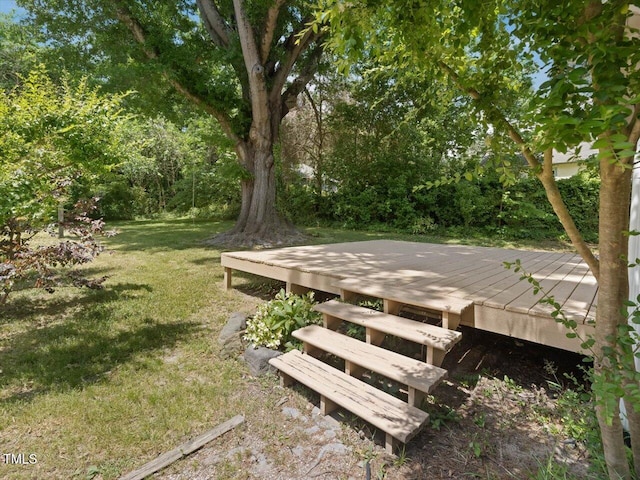 wooden terrace with a lawn