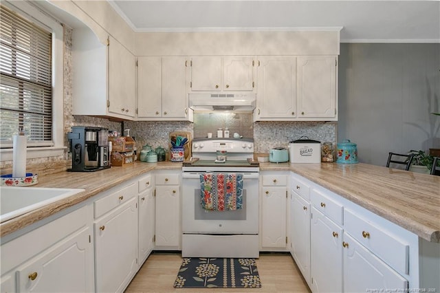 1810 Ashton Rd, Fayetteville, NC 28304 - kitchen featuring white electric stove, a peninsula, under cabinet range hood, light wood-style flooring, and backsplash