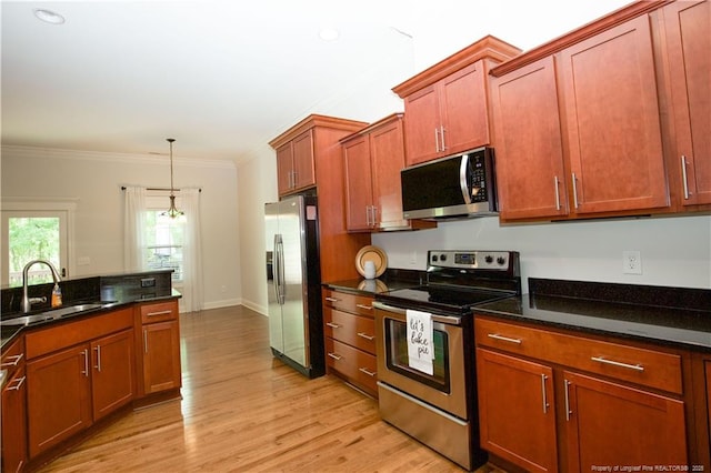 kitchen with a sink, crown molding, stainless steel appliances, and light wood finished floors