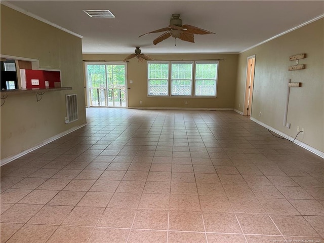 921 Pickard Rd, Sanford, NC 27330 - unfurnished living room featuring a ceiling fan, ornamental molding, light tile patterned floors, and baseboards