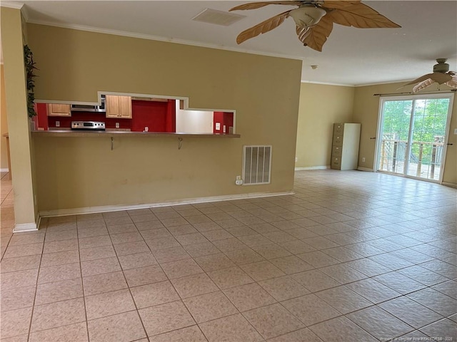 921 Pickard Rd, Sanford, NC 27330 - unfurnished living room featuring a ceiling fan, ornamental molding, light tile patterned flooring, and baseboards