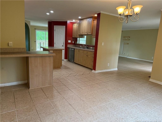 921 Pickard Rd, Sanford, NC 27330 - kitchen with ornamental molding, a sink, dishwasher, recessed lighting, and a chandelier