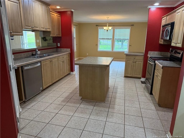 921 Pickard Rd, Sanford, NC 27330 - kitchen with stainless steel appliances, a sink, crown molding, a chandelier, and a center island