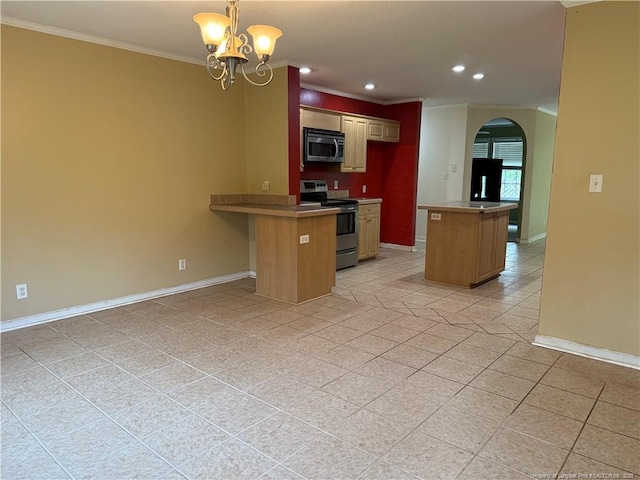 921 Pickard Rd, Sanford, NC 27330 - kitchen featuring appliances with stainless steel finishes, light tile patterned floors, ornamental molding, baseboards, and arched walkways