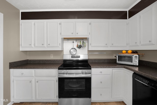 kitchen featuring black dishwasher, electric range, and white cabinetry