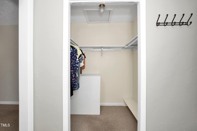 spacious closet with carpet and attic access