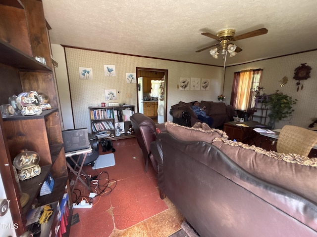345 Guest Rd, Pelham, NC 27311 - living area with crown molding, a ceiling fan, wallpapered walls, and a textured ceiling