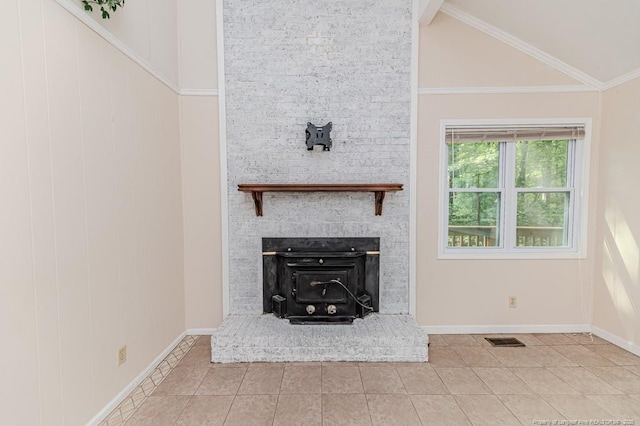 unfurnished living room featuring visible vents, tile patterned flooring, a fireplace, high vaulted ceiling, and baseboards