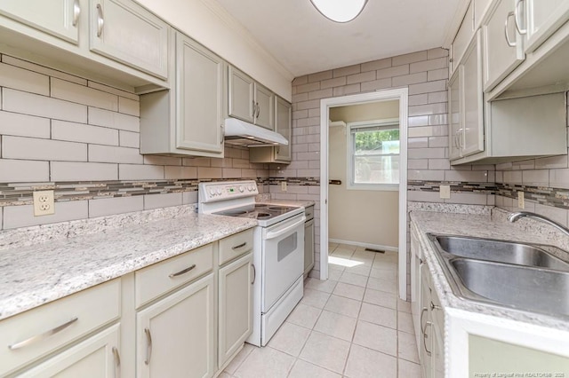 kitchen featuring a sink, light tile patterned floors, under cabinet range hood, electric stove, and backsplash