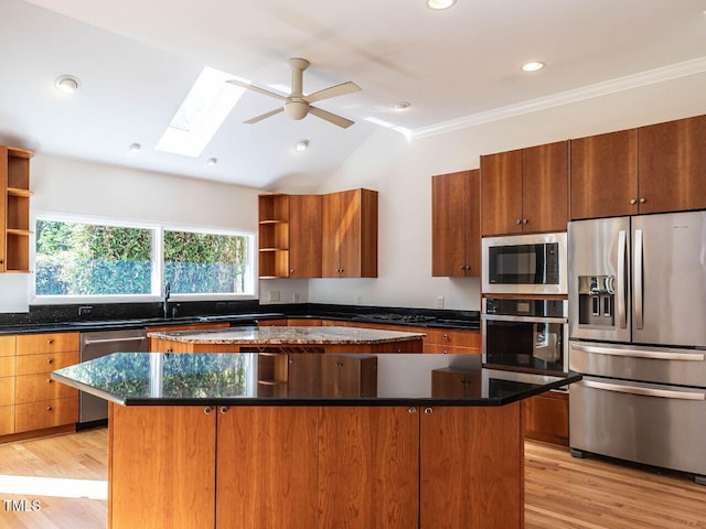 1605 Park Dr, Raleigh, NC 27605 - kitchen with ceiling fan, a kitchen island, appliances with stainless steel finishes, open shelves, and a sink