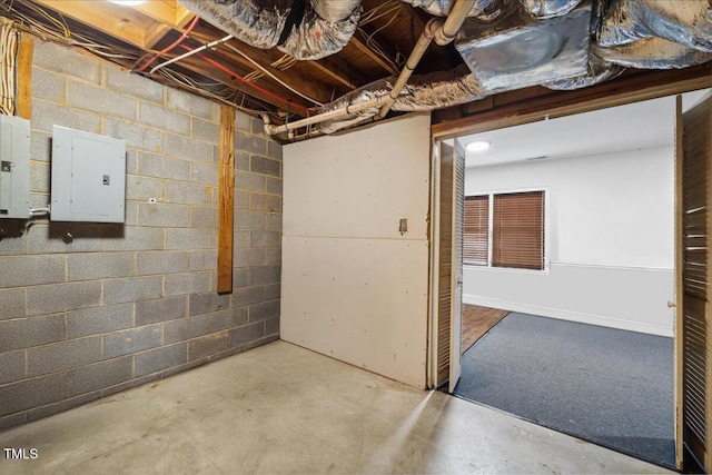 unfinished below grade area with electric panel and concrete block wall
