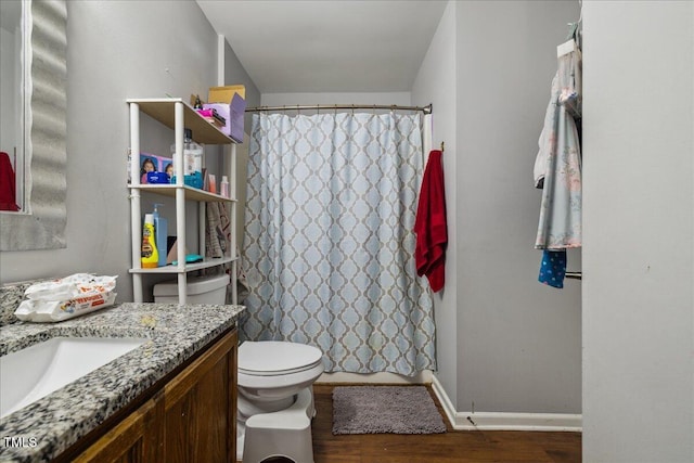 bathroom with vanity, toilet, wood finished floors, and a shower with shower curtain