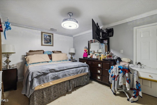 carpeted bedroom featuring visible vents and ornamental molding