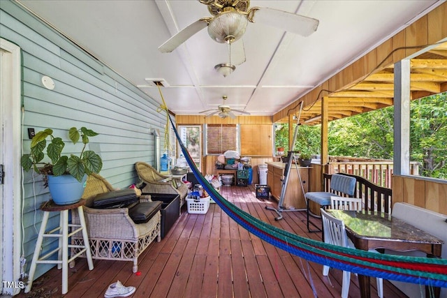 deck featuring ceiling fan, visible vents, and an outdoor hangout area