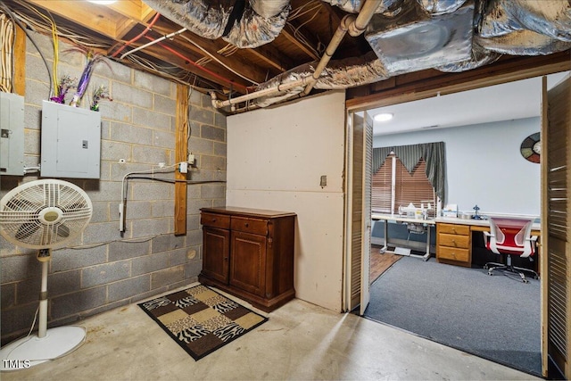 unfinished below grade area with concrete block wall and electric panel