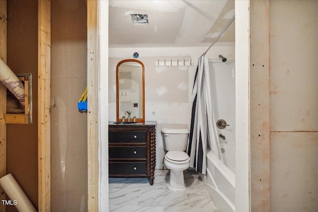bathroom featuring vanity, marble finish floor, shower / bathtub combination with curtain, and toilet
