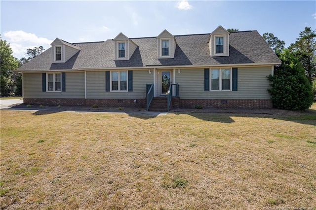 390 Sandy Ridge Rd, Dunn, NC 28334 - cape cod-style house with a shingled roof, a front lawn, and crawl space