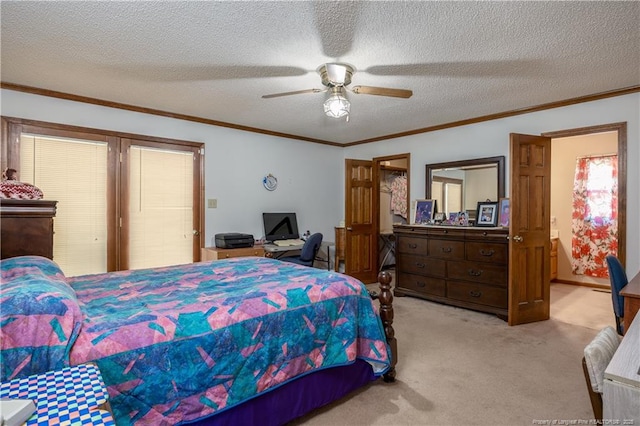 390 Sandy Ridge Rd, Dunn, NC 28334 - bedroom featuring a ceiling fan, ornamental molding, carpet, and a textured ceiling