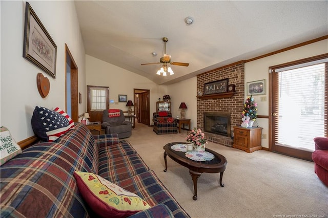390 Sandy Ridge Rd, Dunn, NC 28334 - living room with carpet, a ceiling fan, a brick fireplace, and lofted ceiling