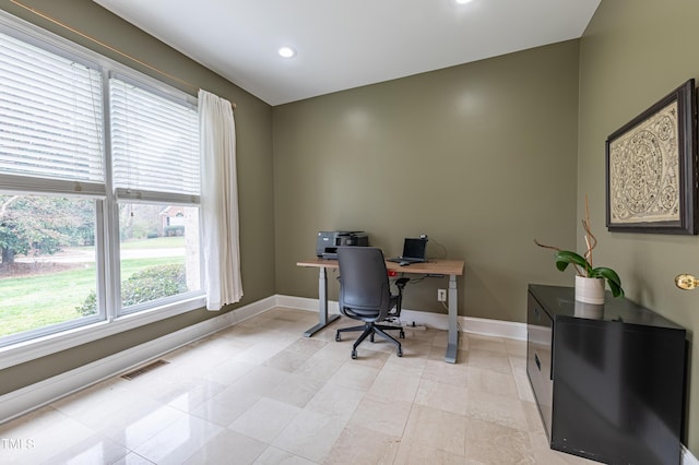 home office with baseboards, recessed lighting, light tile patterned flooring, and visible vents