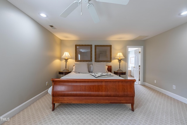 bedroom featuring carpet flooring, baseboards, visible vents, and ceiling fan