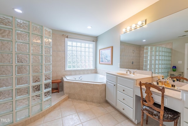 full bath featuring vanity, walk in shower, recessed lighting, a bath, and tile patterned floors