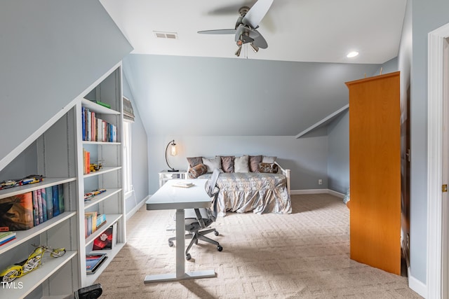 bedroom with visible vents, a ceiling fan, baseboards, and vaulted ceiling