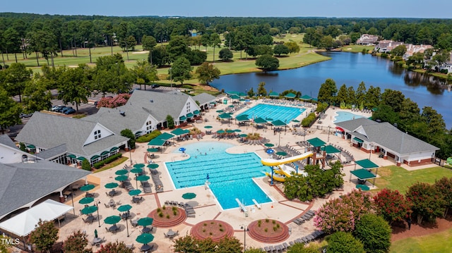 drone / aerial view featuring a water view