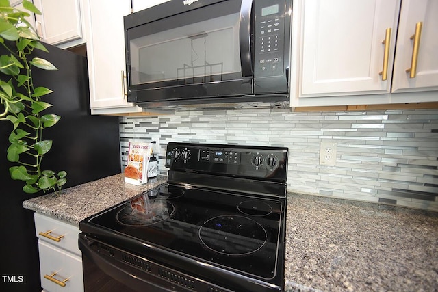 kitchen featuring white cabinets, stone counters, decorative backsplash, and black appliances