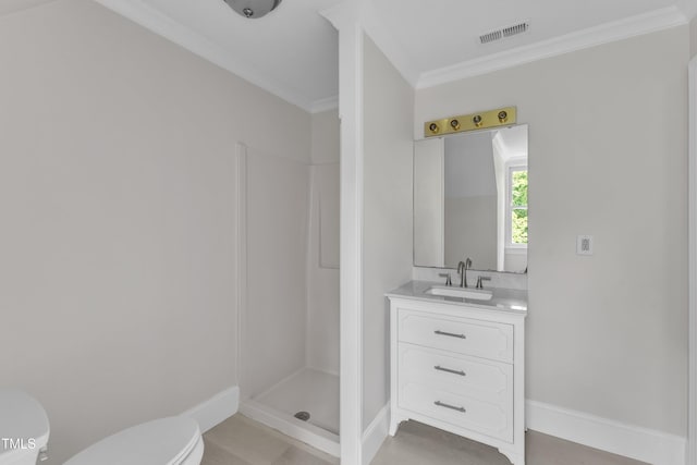 full bathroom featuring visible vents, a stall shower, vanity, toilet, and ornamental molding