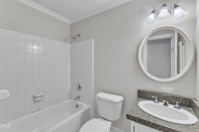full bathroom featuring a textured ceiling, crown molding, shower / tub combination, vanity, and toilet