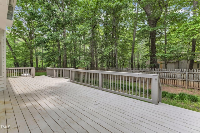 wooden terrace with a fenced backyard