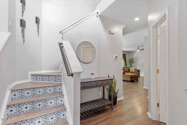 8408 Haines Creek Ln, Raleigh, NC 27616 - stairway featuring baseboards, recessed lighting, ceiling fan, and wood finished floors