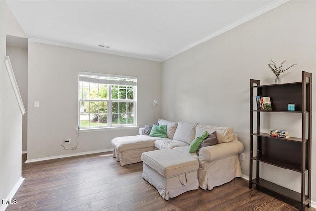 8408 Haines Creek Ln, Raleigh, NC 27616 - living area featuring visible vents, ornamental molding, baseboards, and dark wood-type flooring